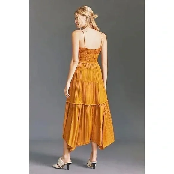Anthropologie Ruched Tiered Satin Slip Midi Dress